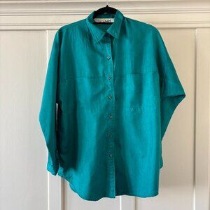 80s Vintage Diane Von Furstenberg DVF Aqua Long Sleeve Button Down Blouse MEDIUM